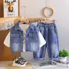 Conjunto de Três Peças de Colete Jeans para Meninos Primavera e Outono 2026 Estilo Coreano Elegante Bebê Chegada de Outono Roupas Casuais Tendência Infantil