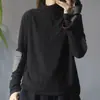 Blusa Térmica Retro Estilo Vintage com Mangas de Renda Patchwork e Gola Alta Meia para Mulheres, Outono e Inverno, Solta, Cor Sólida, Camiseta Básica