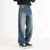 Jeans Masculino Retrô Azul Lavado de Barra Reta Calça Americana Cleanfit Estilo Hong Kong Solto Casual