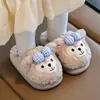 Pantuflas de Algodón Oso con Lazo Padre e Hijo Otoño e Invierno Hogar Felpa Suela Suave Dormitorio Antideslizantes Cálidas Pantuflas de Algodón Mujer Venta al por Mayor