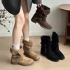 Botas de Moda Femininas Outono 2026 Novo Estilo Francês Salto Médio Salto Bloco Bico Redondo, Botas Femininas Elegantes Slip-On Moda Europeia e Americana Comércio Exterior