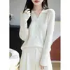 Suéter de Tricô com Gola de Lã Lisa para Mulheres, Pulôver Versátil para Primavera e Outono, Suéter de Lã com Tricô em Ponto Trançado, Blusa com Gola Polo