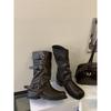 Fivela de Cinto Botas de Calça com Solado Grosso para Mulheres no Outono e Inverno Design de Nicho Botas de Chaminé Botas Plissadas de Cano Médio Salto Grosso Botas de Cano Alto