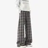 Calças Pladadas Populares de Primavera para Mulheres, Calças Casuais, Calças Wide-Leg Color Block Estilo Americano Relaxado para Homens