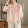 Camisa de Algodão e Linho com Bordado Pesado 2026, Blusa Elegante com Decote V, Top Fino Bordado para o Verão