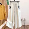 Pantalones de Pierna Ancha de Algodón y Lino con Bordado Floral Retro para Mujer, Nuevo Estilo de Verano, Cómodos, Versátiles, de Pierna Recta, Caída Alta, Cintura Alta, Pantalones Casuales