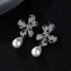 Pendientes de Cobre Incrustados con Circonita de Lujo Ligero y Gama Alta con Agujas de Plata S925, Pendientes de Perlas con Lazo de Moda y Elegantes al por Mayor
