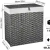Cesto de Roupa Suja Dobrável para Quarto Amazon, Duplo Compartimento com Tampa, Tecelagem de Rattan Sintético, Forro Removível