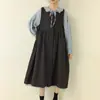 Vestido Chaleco de Algodón y Lino con Rayas Verticales Florales Retro Nuevo Otoño e Invierno 2025 para Mujer, Holgado y Versátil, Casual, con Capas, Falda Larga