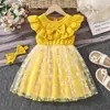 Vestido de Malla para Niñas con Parches Lindos, Encaje de Margarita de Malla Patchwork, Manga Corta con Decoración de Lazo, Comercio Transfronterizo