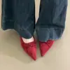 Scarpins de Salto Alto para Banquete Estilo Retrô Francês Modelo Novo 2026 Salto Fino Vermelho Laço Raso Bico Fino Salto Médio