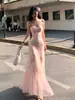 Vestido Floral de Alta Qualidade para Mulheres, Vestido de Tule Rosa Ultra-Fada de Verão, Vestido Sereia Sexy Bodycon com Cintura Marcada Slim-Fit