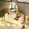 Espejo de maquillaje transfronterizo con cajón, espejo de maquillaje giratorio de escritorio, organizador de joyas y labiales, caja de almacenamiento para cosméticos