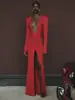 Vestido longo de banquete feminino, estilo europeu e americano, decote V profundo franzido, manga longa, acinturado, fenda, caimento justo