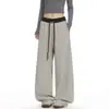 Calça casual de tricô listrada color-block estilo americano para mulheres, corte solto e relaxado, silhueta que valoriza o corpo, perna larga, calça longa versátil de perna reta para o outono