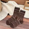 Meias Femininas de Meia-Panturrilha Estilo Étnico Fair Isle Retro Japonês Outono/Inverno Novas Meias de Lã Macias Grossas Quentes Meias Femininas