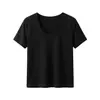 Camiseta de Manga Corta con Cuello en U de Color Sólido, Costura Trasera, de Tencel + Lino para Mujer, Estilo Nuevo, Fresca y con Caída, Top Holgado y Versátil para Mujer