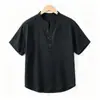 Camisa de Lino de Manga Corta para Hombre Nueva de Verano 2026, Holgada Casual con Cuello Mao, Top Transpirable de Color Sólido Algodón-Lino