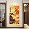 Apoiado por uma Montanha Dourada Água Corrente Traz Riqueza, Pintura Estilo Chinês Novo com Padrão Dourado para Sala de Estar, Hall de Entrada, Escritório, Sala de Chá, Escritório
