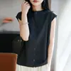 Cardigã sem mangas em malha de algodão mercerizado estilo francês, com gola redonda e bordas enroladas, novo design de botões, top simples e fashion estilo coreano
