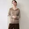 Nuevo suéter con capucha de cachemira 100% pura para otoño e invierno para mujer, con capucha, suéter grueso de rayas de moda, camiseta base de punto