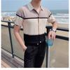 Camiseta de Manga Corta Americana Retro Trendy con Solapa de Seda de Hielo, Moderna y Versátil para Primavera y Verano, Camisa Polo a Rayas con Bloques de Color