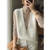 Elegante y Elegante Chaleco de Punto de Cachemira Hueco Gouhua con Cuello en V Profundo Ropa Exterior para Mujer Holgado Adelgazante Sin Mangas Lana Lana