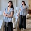 Conjunto Maternidade em Estoque Versão Coreana Falso 2 Peças Azul Babydoll Camisa Blusa Gola V Calça Wide-Leg Conjunto Maternidade