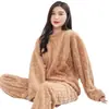Conjunto de Pijama Cálido de Algodón Terciopelo Jacquard Color Sólido Invierno Engrosado, Ropa de Casa Cálida de Coral Fleece para Mujer