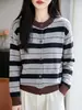 Elemento de rayas retro duradero cuello redondo manga larga cárdigan versátil primavera otoño uso diario estilo perezoso chaqueta
