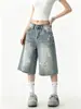 Diseño Retro Salpicaduras de Tinta Azul Lavado Mezclilla Shorts de Longitud Media para Mujer Verano Nuevo Cintura Alta Pierna Ancha Casual Versátil Pantalones de Cinco Puntos