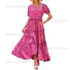 Vestido largo plisado con estampado floral y mangas abullonadas para mujer, primavera y verano 2024, estilo transfronterizo, estilo europeo y americano