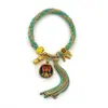 Pulseira Thangka Estilo Xizang com os Cinco Senhores, Tara Verde e os Oito Grandes Guardiões, Pulseira Thangka Tecida à Mão Apresentando o Deus da Riqueza, Pulseira Estilo Xizang