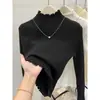 Camiseta base de cuello medio para mujer, suéter base de cuello medio, ropa interior de invierno, juvenil y elegante, con bordes rizados, top de punto