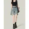 Shorts de Mezclilla Azules Vintage Rasgados para Mujer, Talla Petite, Nuevos de Verano Modernos de Cintura Alta Rectos, Shorts Sueltos de Largo Medio