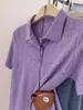 Camisa Polo Feminina Roxa de Alta Qualidade Estilo Coreano Verão Seda Gelada Manga Curta Top Simples Feminino A10822