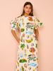 Vestido informal holgado con cordones y mangas abullonadas con estampado de AliExpress, nueva estación independiente transfronteriza europea y americana de 2023