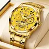 Reloj de Cuarzo para Hombre con Correa de Acero Chapado en Oro, Estilo Mecánico Calado, Marcadores de Diamante Romanos, Cronógrafo Multifunción y Calendario