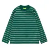 Traje Simples e Casual Estilo Coreano com Listras Verdes Contrastantes, Camiseta Casual Retro Solta de Manga Longa para Homens e Mulheres, Top de Outono