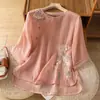 Camisa de algodão e linho com bordado pesado estilo chinês, manga média para mulheres, vestido de chá estilo Zen modificado para o verão, top de gola redonda