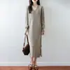 Otoño e Invierno Nuevo Vestido de Lana 100% para Mujer Cuello en V Falda Interior hasta la Rodilla Diseño con Abertura Base de Suéter