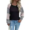 El Top de Punto Más Vendido de Amazon Otoño 2024 Transfronterizo para Mujer con Cuello Redondo Waffle y Parte Inferior Estampada de Leopardo