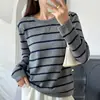 Top de Malha Gola Redonda Manga Longa Bloco de Cores Listrado Soltinho 100% Algodão Novo Primavera/Verão 2026 para Mulheres