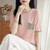 Camiseta de Punto de Tencel Lino con Bloques de Color, Cuello Redondo, Manga Corta, para Mujer, Fresca, Moda Verano, Estilo Nuevo, con Pequeño Bolsillo, Top