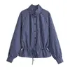 Camisa de rayas casual de moda estilo europeo y americano 2026 con cordón, botones de corbata, cuello alto y mangas tipo linterna para mujer, comercio exterior transfronterizo