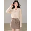 Cárdigan de punto calado color albaricoque para mujer, nuevo estilo de otoño, cuello suelto, manga larga, top fino, color liso