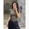 Nuevo Top Corto Adelgazante Rejuvenecedor de Verano Estilo Americano INS Cuello Redondo Bloque de Color Rayas Hombro Normal Manga Corta Camiseta para Mujer