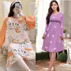 Nova camisola de manga comprida até o joelho para primavera, outono e inverno, estilo coreano, tamanho grande, corte solto, pode ser usada fora de casa, roupa de casa feminina