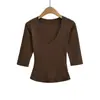 Ropa de Mujer al por Mayor Transfronteriza Otoño e Invierno 2026 Nuevo Estilo Europeo y Americano Color Sólido Cuello en V Casual Versátil Manga Media Camiseta Top