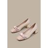 Zapatos de tacón alto con punta cuadrada y lazo de cuero suave para mujer, otoño 2024, estilo Chanel, estilo francés, con tacón grueso y combinación de colores.